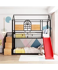 Streamdale Furniture Twin Over Twin Metal House Bunk Bed with Slide and Storage Stairs
