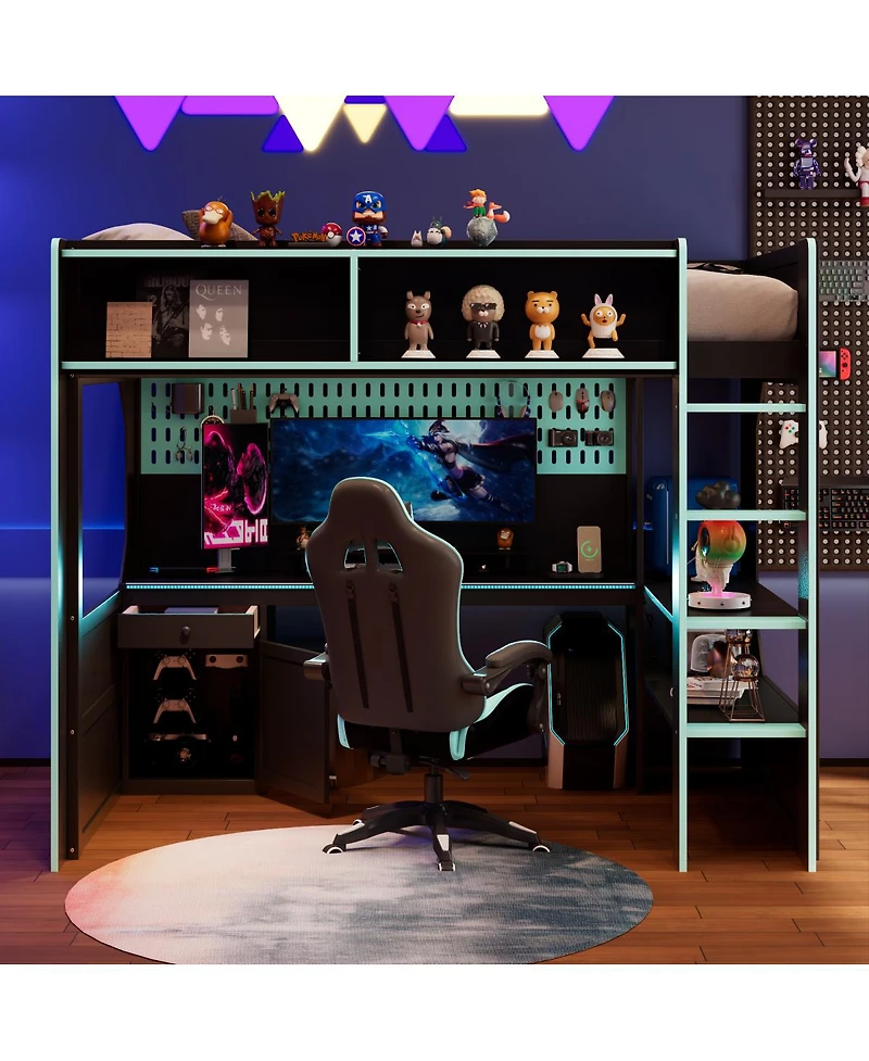 Streamdale Furniture Twin Size Gaming Loft Bed with Desk Lights and Charging Station