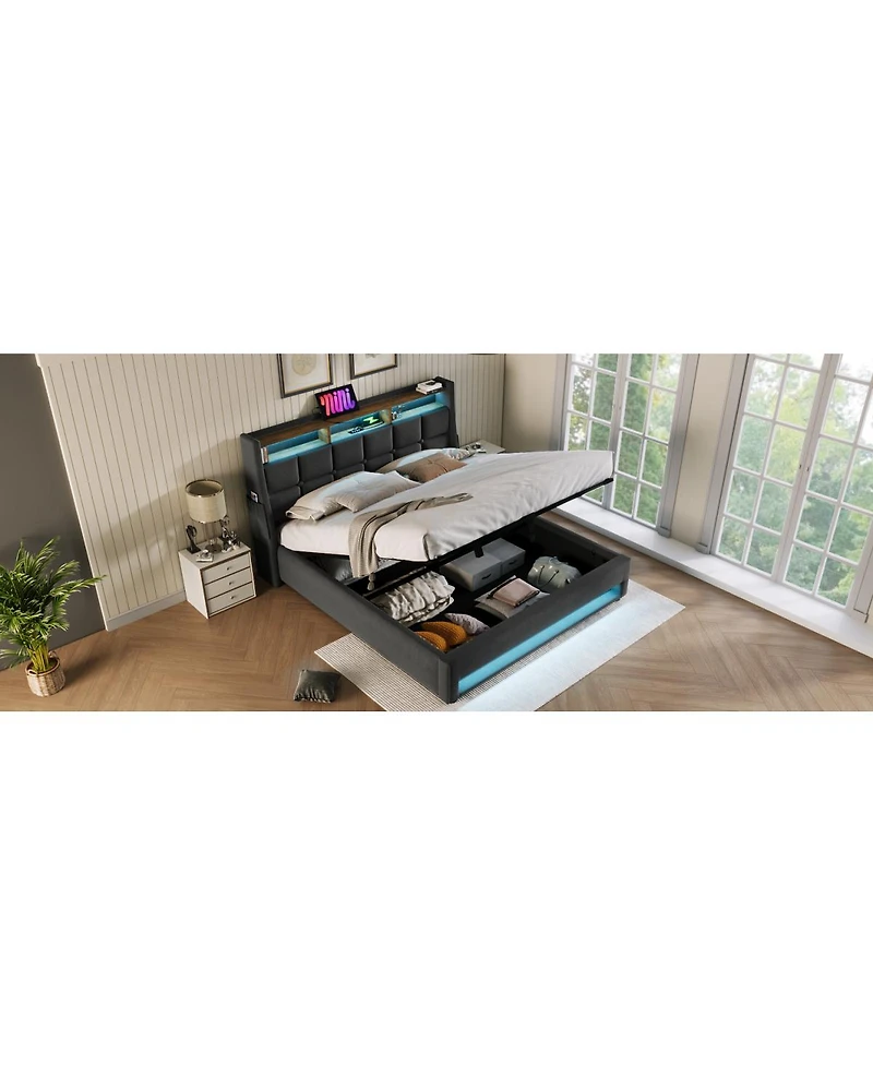 Streamdale Furniture Full Size Upholstered Hydraulic Storage Bed with Led and Charging Station