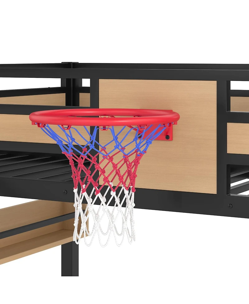 Streamdale Furniture Metal Loft Bed with Basketball Hoop Climbing Wall Slide and Bookshelves