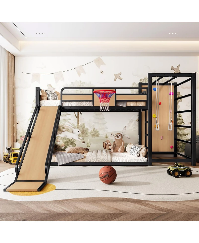 Streamdale Furniture Metal Loft Bed with Basketball Hoop Climbing Wall Slide and Bookshelves