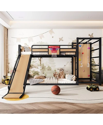 Streamdale Furniture Metal Loft Bed with Basketball Hoop Climbing Wall Slide and Bookshelves