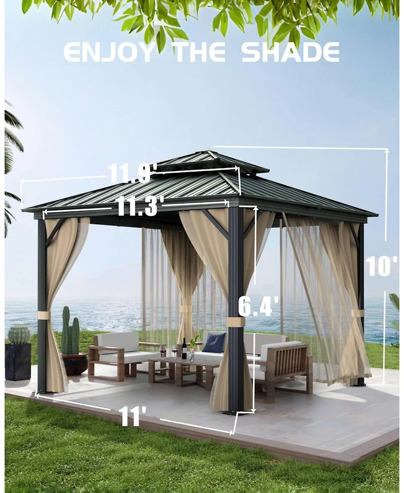 gaomon Hardtop Gazebo 12x12 Feet for All Weather, with Double Metal Roof, Aluminum Alloy Frame, Net, and Curtain, Permanent Building for Patio