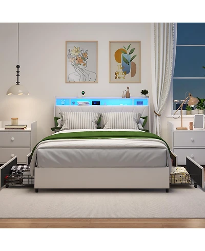 Streamdale Furniture Platform Bed Frame with Led Lights Charging Station and Storage Shelf