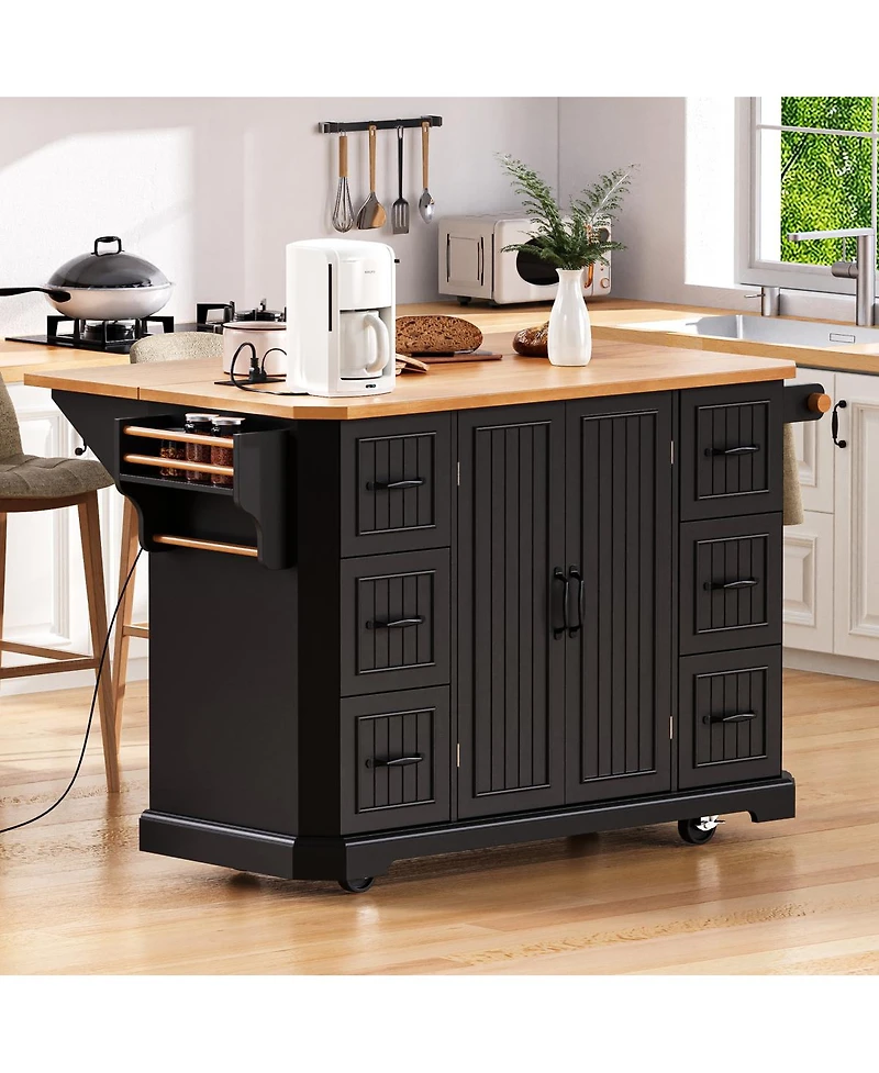 Streamdale Furniture 56'' Kitchen Island with Drop Leaf Power Outlet 6 Drawers and Rolling Wheels