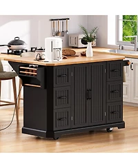 Streamdale Furniture 56'' Kitchen Island with Drop Leaf Power Outlet 6 Drawers and Rolling Wheels