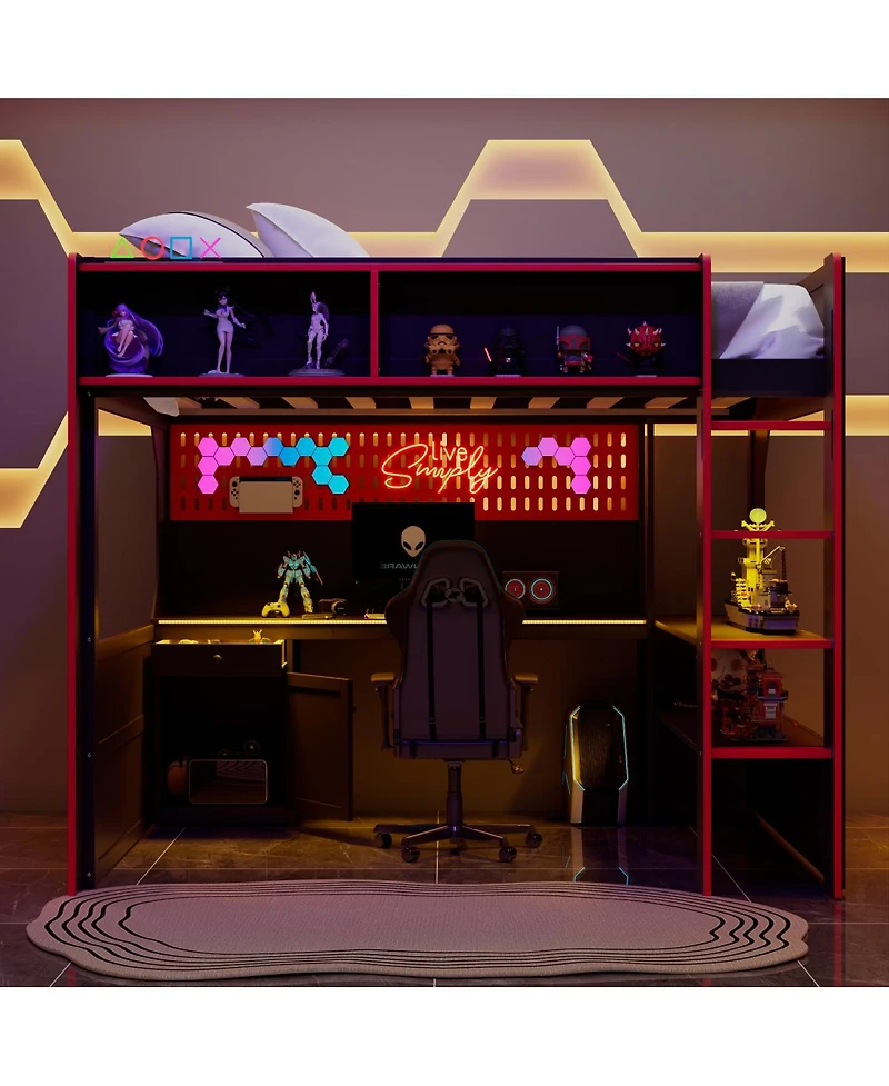 Streamdale Furniture Full Size Gaming Loft Bed with Desk Lights and Charging Station