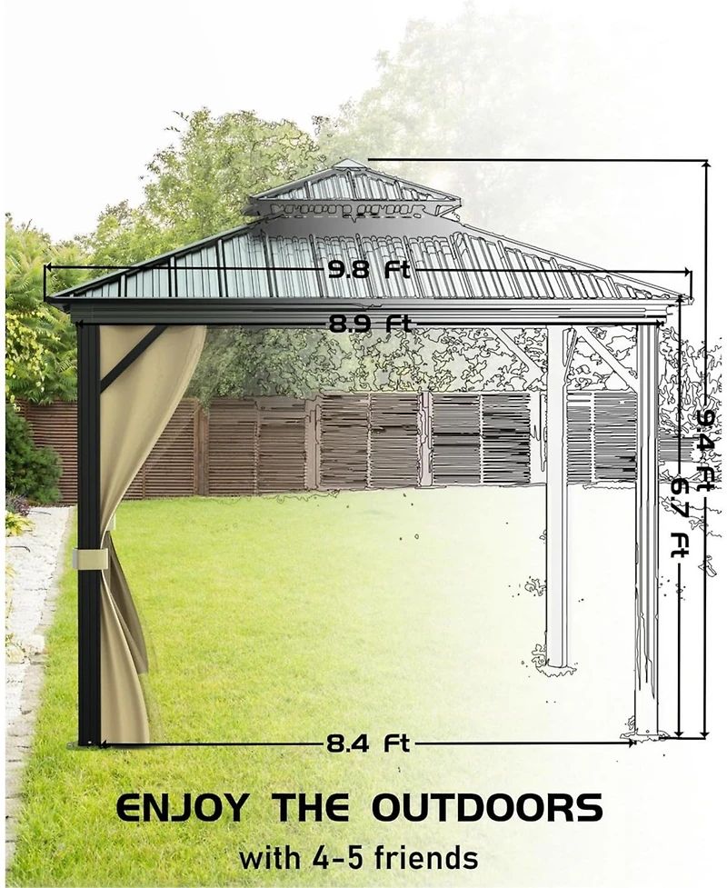 gaomon 10x10 Feet Hardtop Gazebo for All Weather, with Double Metal Roof, Aluminum Alloy Frame, Net, and Curtain, Permanent Building for Patio, Deck
