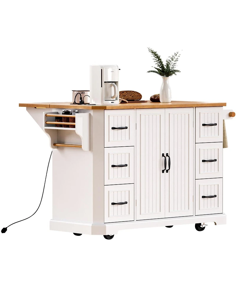 Streamdale Furniture 56'' Rolling Kitchen Island with Drop Leaf Power Outlet and 6 Drawers