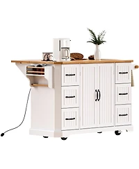 Streamdale Furniture 56'' Rolling Kitchen Island with Drop Leaf Power Outlet and 6 Drawers