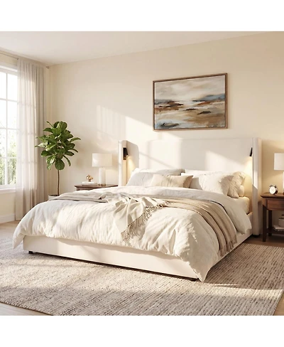 Streamdale Furniture California King Upholstered Wingback Bed Frame with Reading Lamp and Usb
