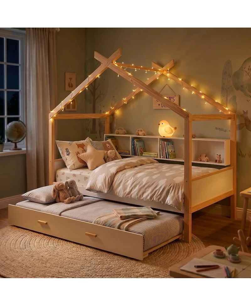 Streamdale Furniture Wooden House Bed with Trundle and Bookshelf Storage