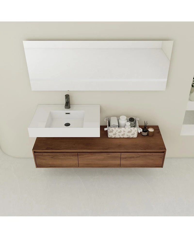 Sillysis 59 Inch Wall Mounted Bathroom Vanity with Resin Sink, 3 Soft Close Drawers, Modern Floating Cabinet for Spacious Storage