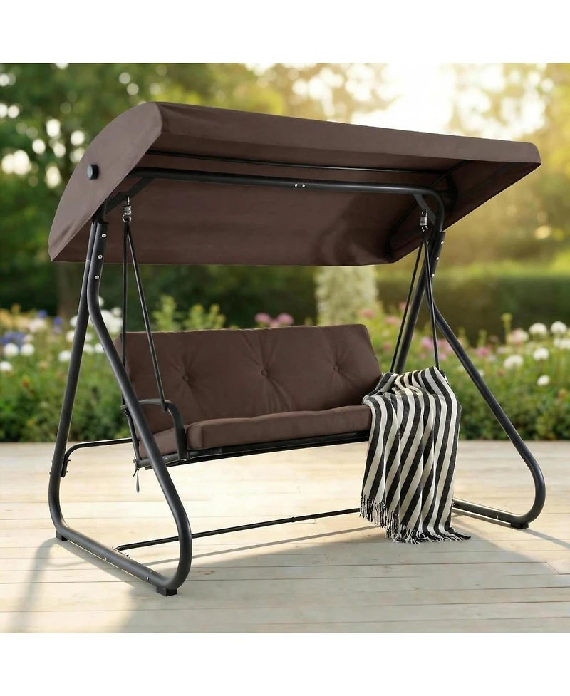 gaomon 3-Seat Outdoor Patio Swing with Adjustable Canopy, Convertible Swing Bed with Stand, Glider Swing with Cup Holders