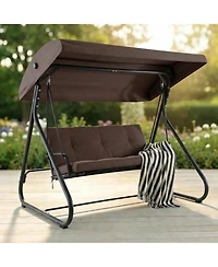 gaomon 3-Seat Outdoor Patio Swing with Adjustable Canopy, Convertible Swing Bed with Stand, Glider Swing with Cup Holders