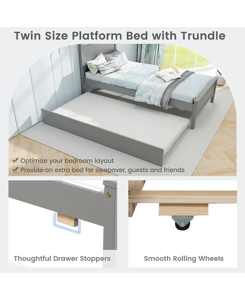 Gouun Twin Wooden Bed Frame with Trundle for Teens and Adults