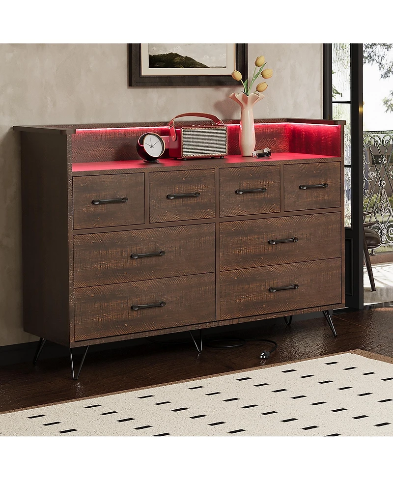 homfan 8 Drawer Dresser with Charging Station and Rgb Lights, Wide Bedroom Storage Chest for Makeup Vanity, Gaming Setup, and Living Room