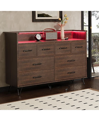 homfan 8 Drawer Dresser with Charging Station and Rgb Lights, Wide Bedroom Storage Chest for Makeup Vanity, Gaming Setup, and Living Room