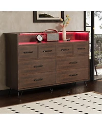 homfan 8 Drawer Dresser with Charging Station and Rgb Lights, Wide Bedroom Storage Chest for Makeup Vanity, Gaming Setup, and Living Room