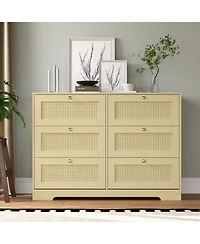 homfan Boho Rattan 6 Drawer Dresser with Wood Legs and Metal Handles for Bedroom, Living Room, Entryway