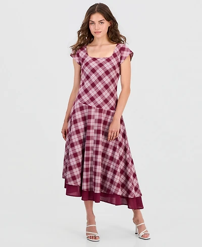 And Now This Petite Plaid Asymmetrical Short-Sleeve Maxi Dress, Macy's Exclusive