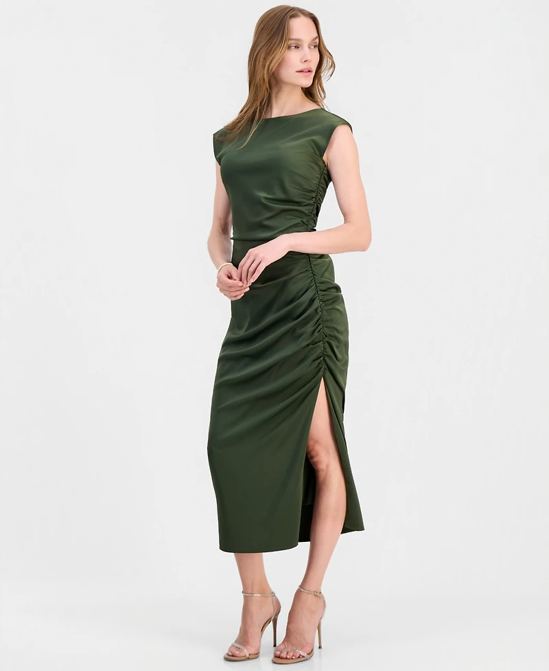 Lulus Women's Felicity Ruched Satin Side Slit Midi Dress