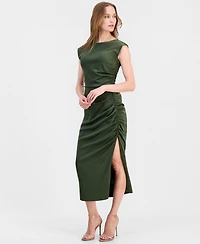 Lulus Women's Felicity Ruched Satin Side Slit Midi Dress