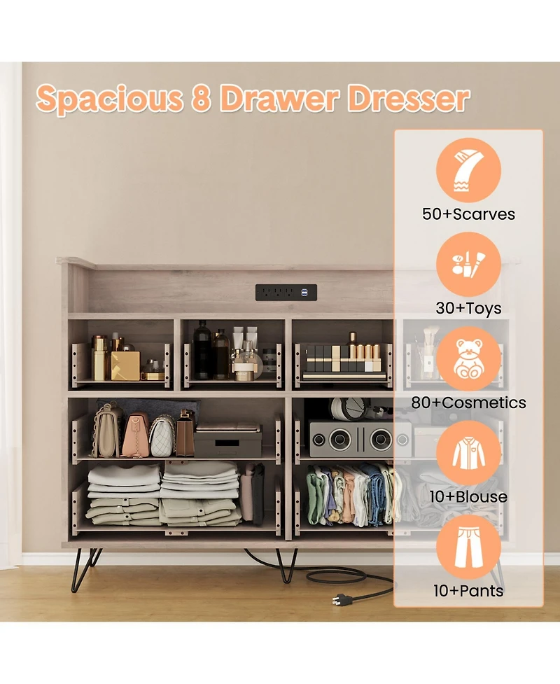 homfan 8-Drawer Dresser with Built-In Charging Station and Led Lights, Sturdy Engineered Wood Storage Organizer Metal Legs, Easy Assembly