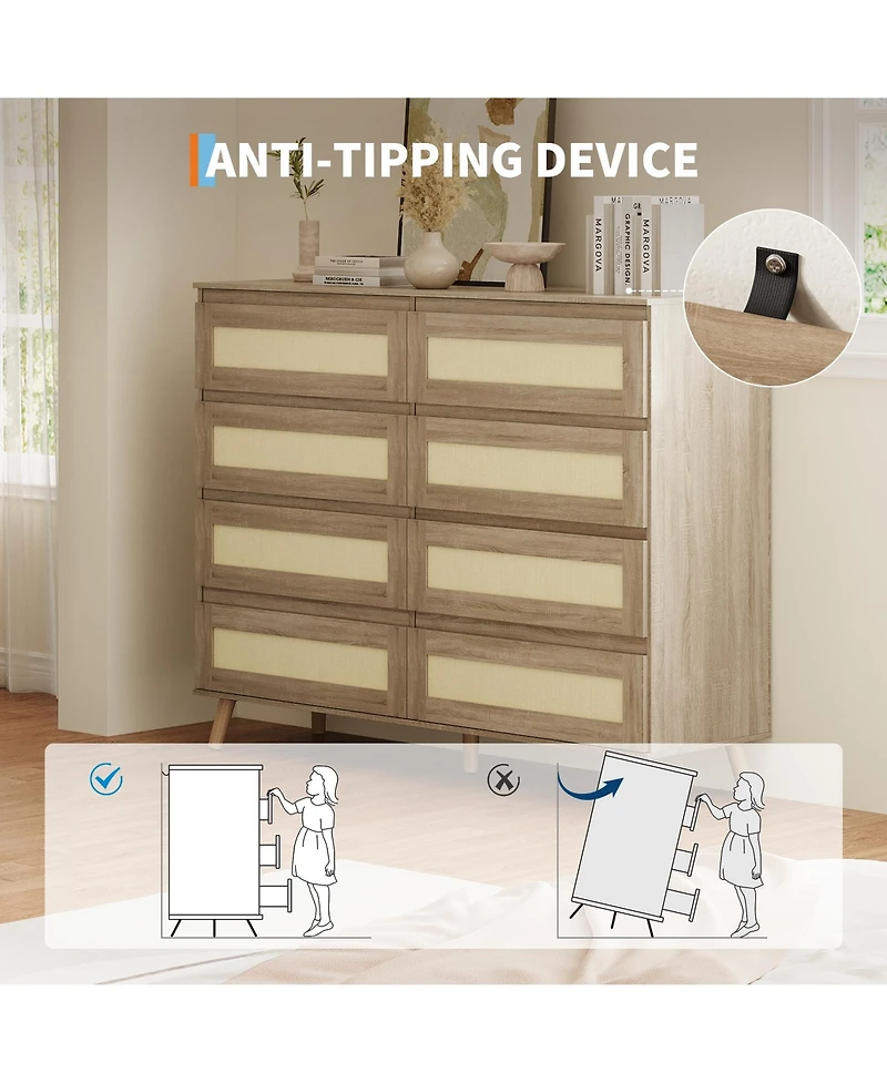 homfan Rattan Dresser with 8 Drawers and Wood Legs for Bedroom, Living Room, Hallway, Entryway