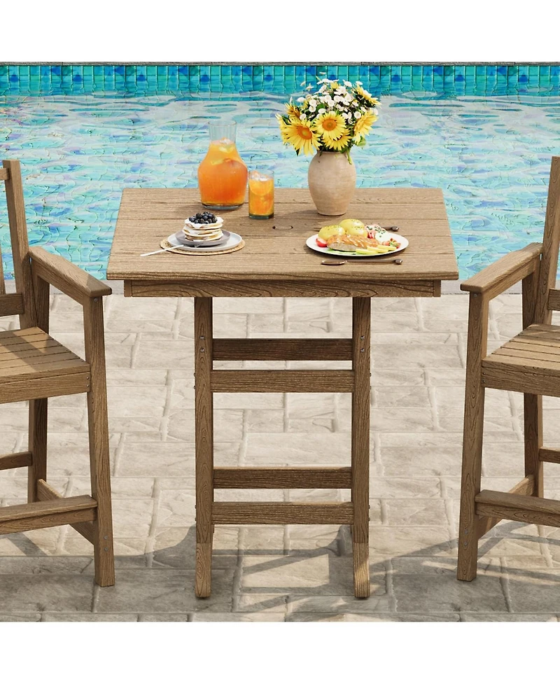 homfan 31.5" Square Hdpe Wood Grain Outdoor Bar Table – 39.6" High Weatherproof Pub Table with Umbrella Hole, 300 lb Capacity for Patio and Poolside