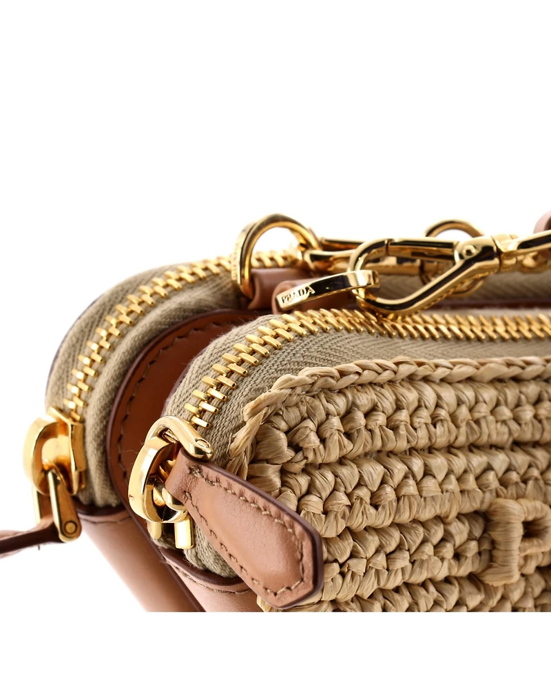 Pre-Owned Prada Mini Triangle Logo Zip Around Shoulder Bag Raffia and Leather