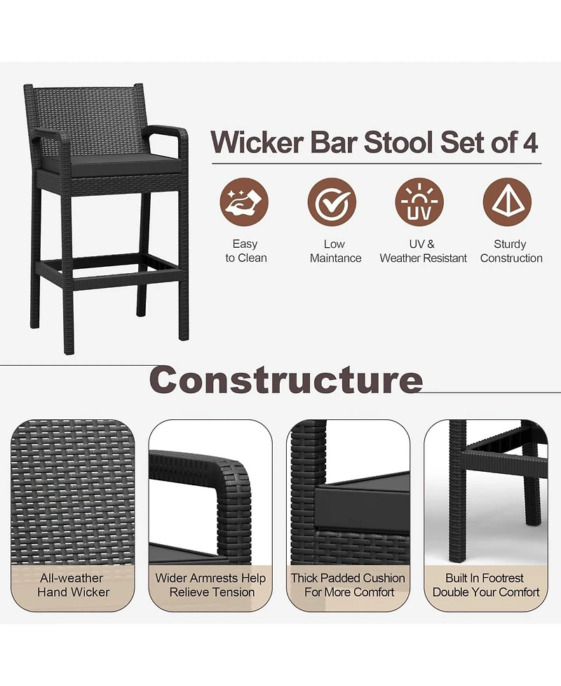 gaomon Set of 4 Wicker Bar Stools, 30 Inch Outdoor Counter Height with Thickened Cushions, Backrest and Footrest
