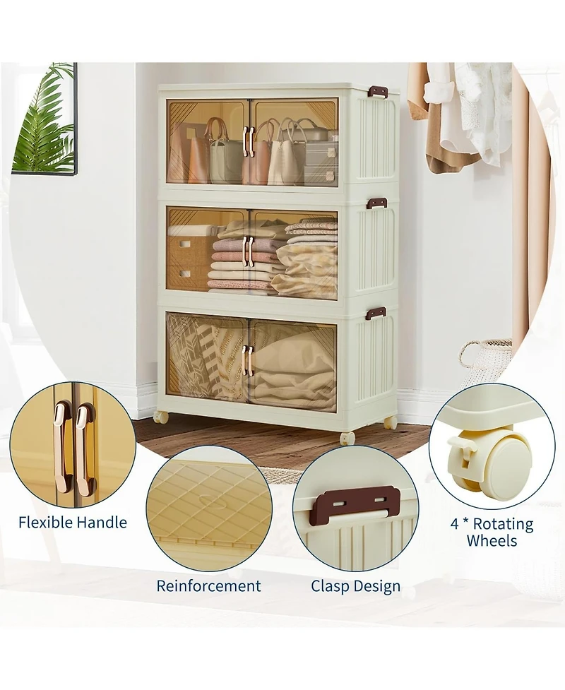 gaomon Stackable Plastic Storage Bin with Lid, Collapsible Storage Drawer, Magnetic Doors, Lockable Wheels, Collapsible Organizer for Closet, Bedroom