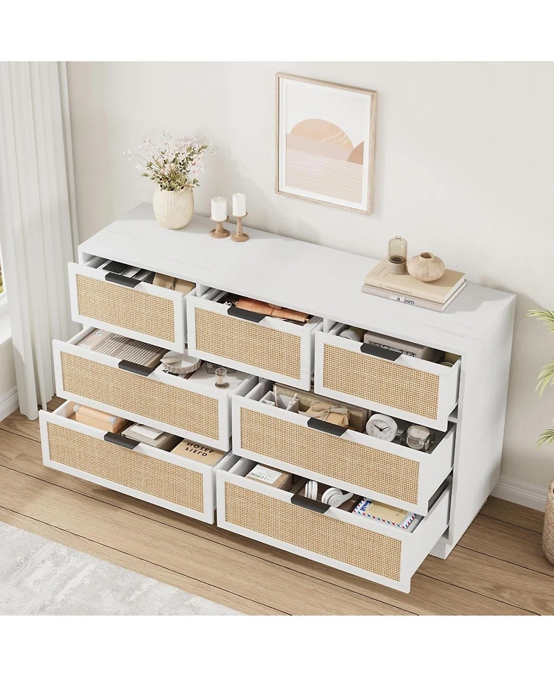 gaomon Farmhouse Rattan Tv Stand for Living Room, Entertainment Center with 7 Storage Drawer and Metal Handle