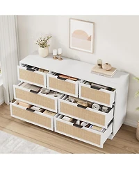 gaomon Farmhouse Rattan Tv Stand for Living Room, Entertainment Center with 7 Storage Drawer and Metal Handle
