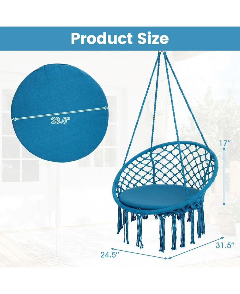 Sugift Macrame Bohemian Swing Hammock Chair with Round Cushion and Metal Rings