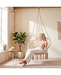 Sugift Macrame Hanging Swing Chair Hammock with Round Cushion and Foldable Frame