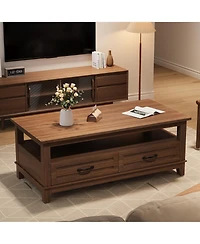 homfan Farmhouse Coffee Table with Drawers, 47.2" Center Table with Open Shelf, 6 Support Legs