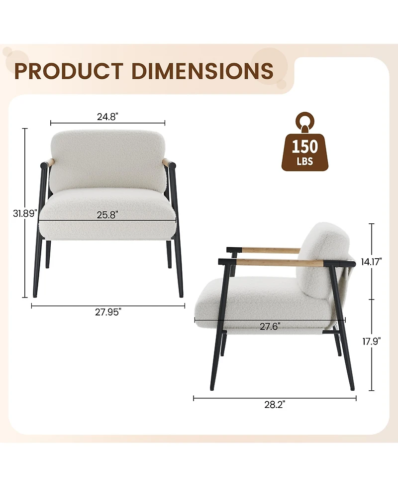 homfan Modern Accent Chair - Comfy Chair with Metal Frame and Wooden Armrest, Cozy Reading Chair with Soft Cushion for Bedroom Living Room