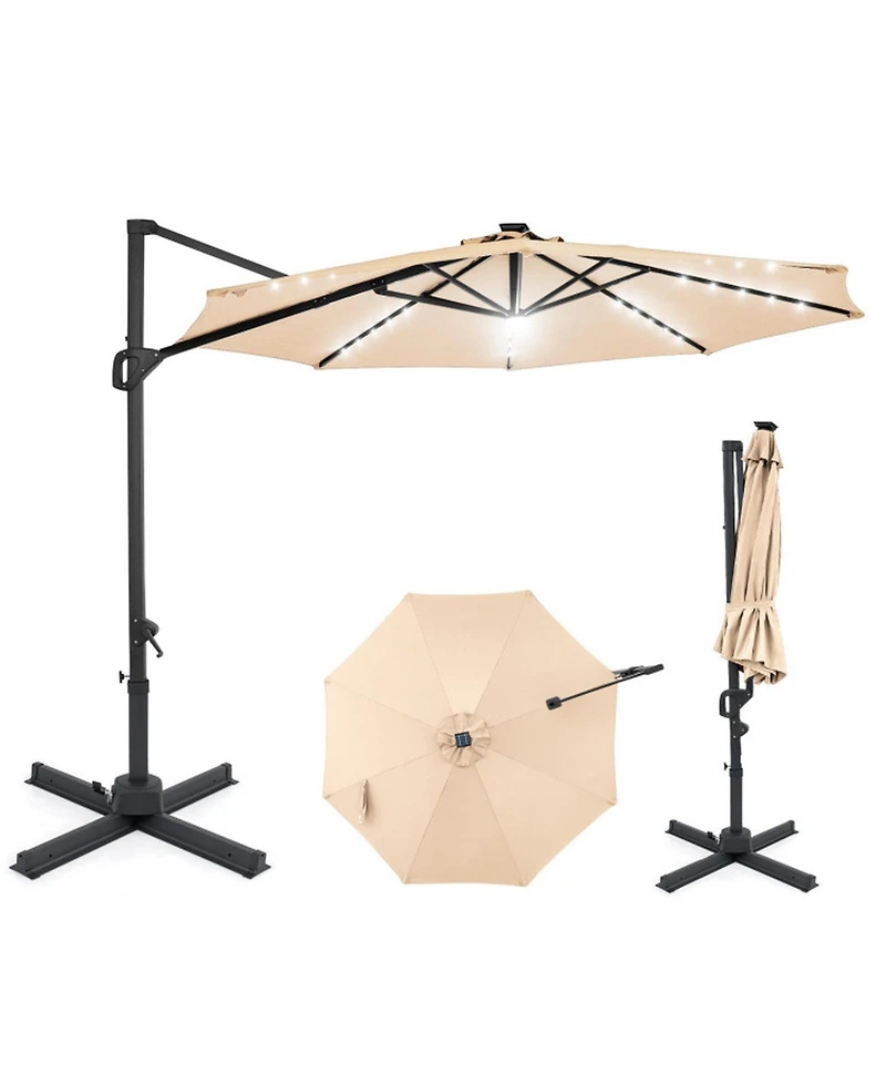 Sugift 10 ft Cantilever Outdoor Patio Umbrella with Solar Led Lights and 360 Rotation