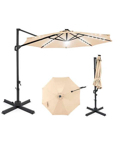 Sugift 10 ft Cantilever Outdoor Patio Umbrella with Solar Led Lights and 360 Rotation