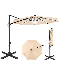 Sugift 10 ft Cantilever Outdoor Patio Umbrella with Solar Led Lights and 360 Rotation