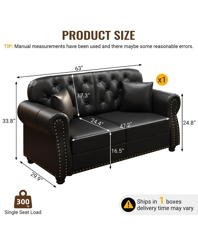 Maison Boucle 63'' Faux Leather Loveseat, Nailhead Tufted Chesterfield, Wood Frame