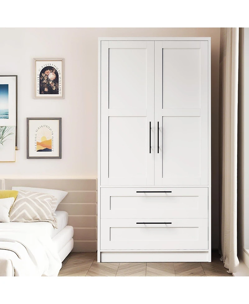 homfan Wooden Wardrobe Armoire with Drawers and Hanging Rod, Adjustable Shelf, Modern Closet Storage Cabinet for Bedroom, Dorm, Apartment