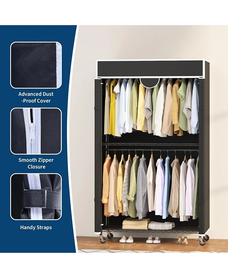homfan Clothes Rack with Cover, 485LBS Capacity, Portable Closet Wardrobe on Wheels, Carbon Steel, Dustproof, Clothes Racks for Hanging