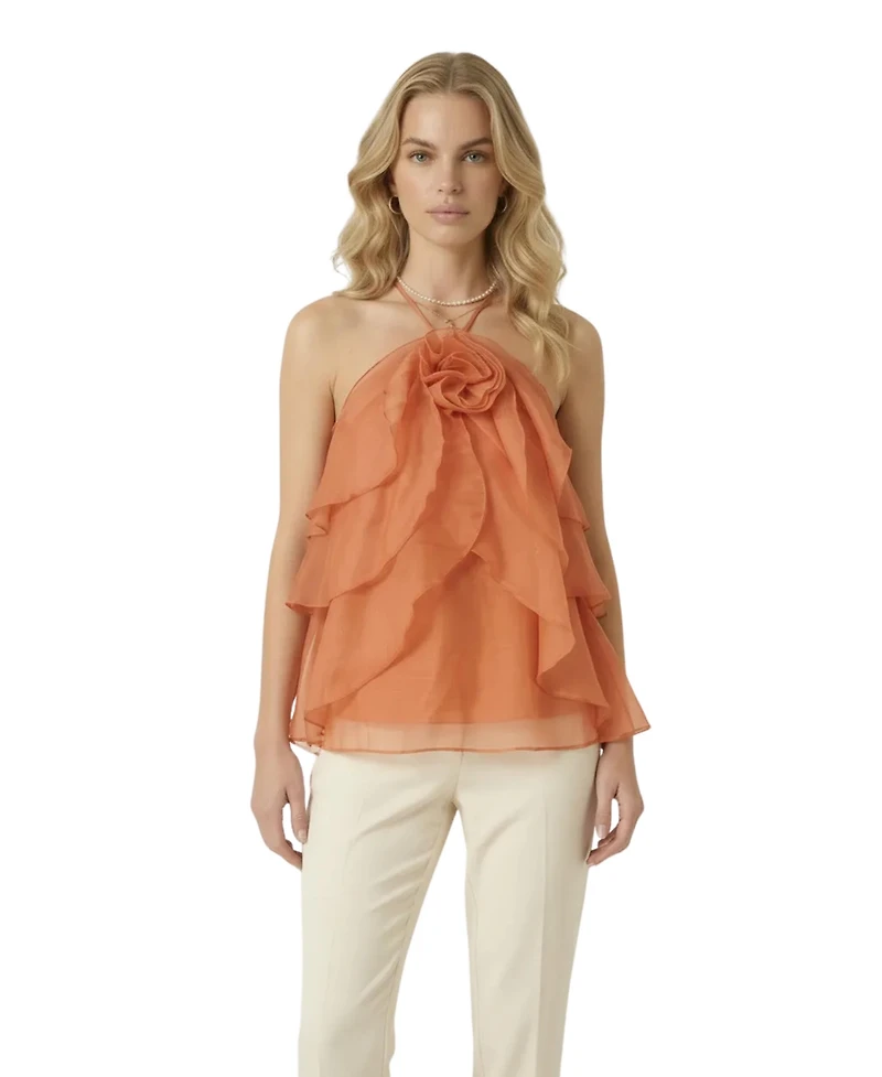 Modenaire Women's Halter Ruffle Chiffon Floral Applique Top
