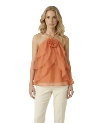 Modenaire Women's Halter Ruffle Chiffon Floral Applique Top