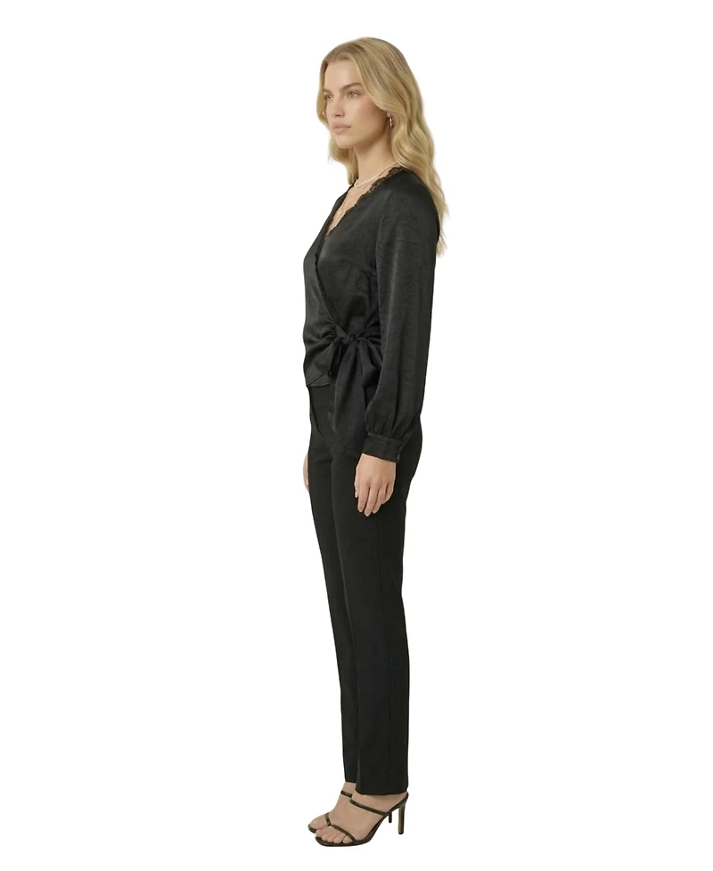 Modenaire Women's Lace-Trim V-Neck Wrap Tie-Detail Top