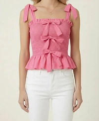 Modenaire Women's Smocked Bow-Strap Peplum Top