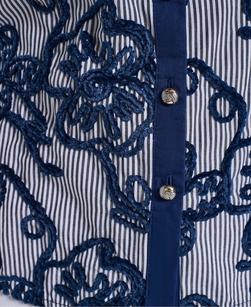 Karl Lagerfeld Paris Women's Velvet Embroidery Button-Front Blouse
